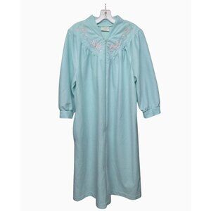 Vintage 1980s Fleece Nightgown Light Green w Pink Floral Embroidered Grannycore